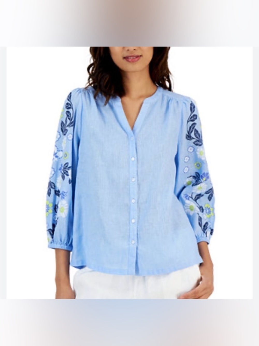 Charter Club Luxury 100% Linen Printed-Sleeve Button-Up Blouse - Blue - Small